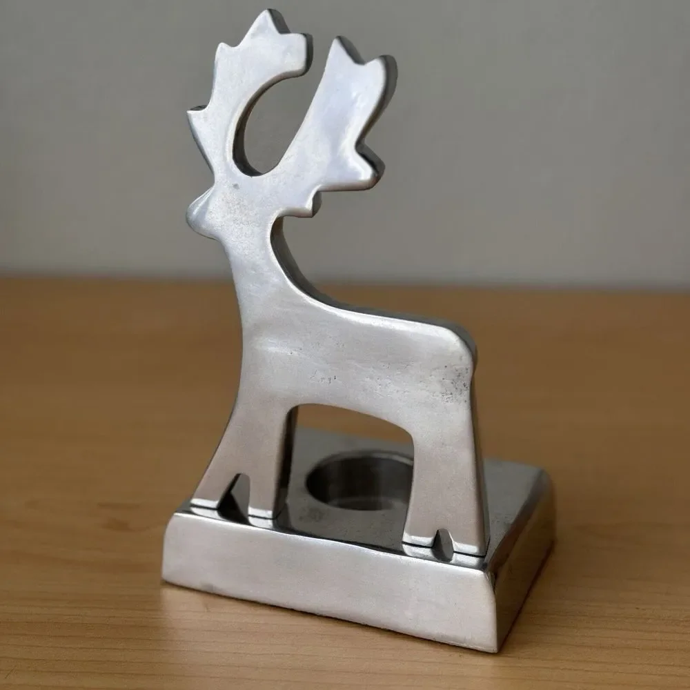 Crate & Barrel Christmas Reindeer Tealight Candle Holder Heavy Silver Tone‎